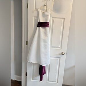 BILL LEVKOFF Flower Girl Dress – White with Deep Purple Sash | As-Is Size 8